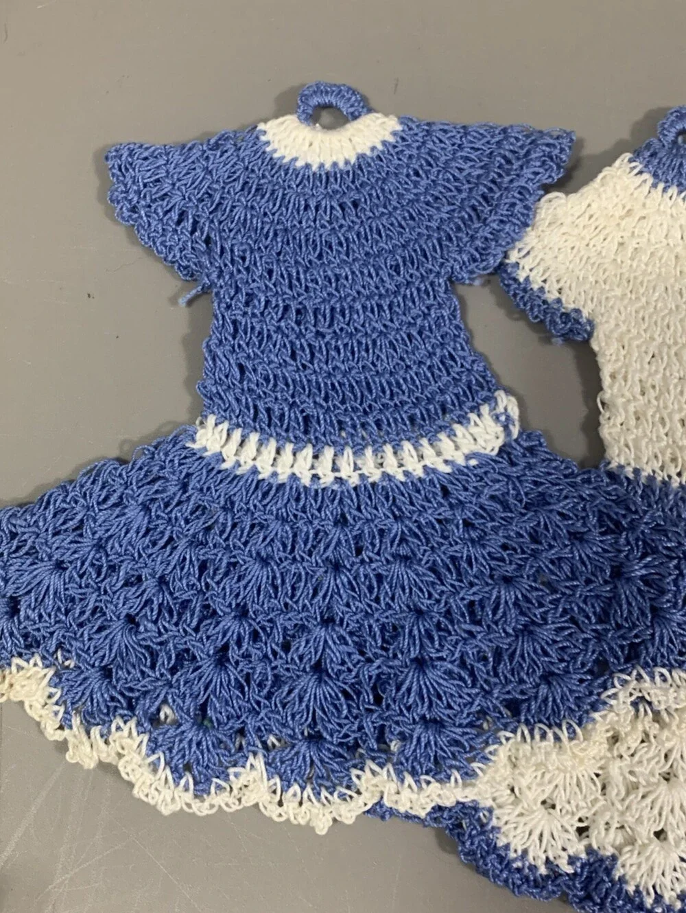 Vintage Crochet Dress Potholders Lot of 2 Handmade Blue White Retro Doll Kitchen